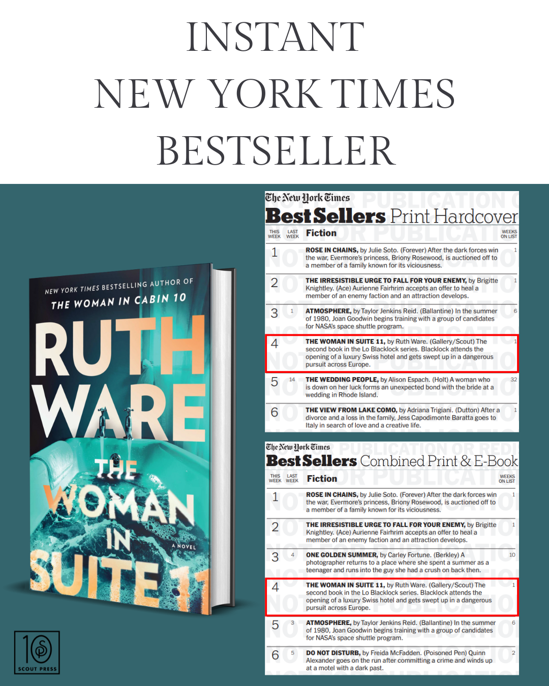 Promotional Image showing where Ruth Ware's latest thriller, The Woman in Suite 11, placed on the New York Times Bestseller list.